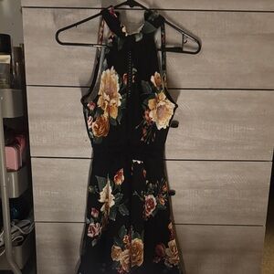 Blu Pepper One-Shoulder Black Floral Halter Dress